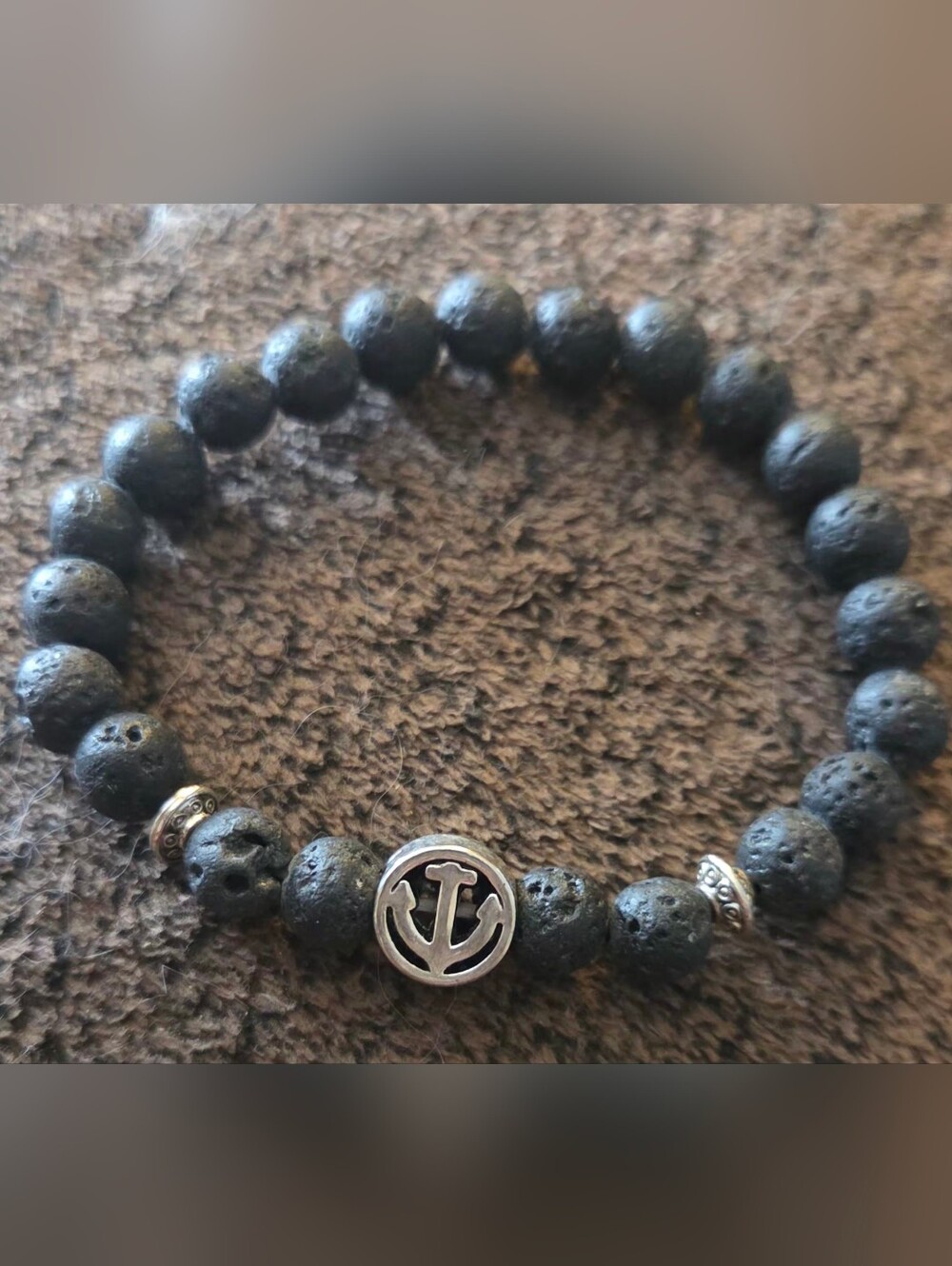 Men's Black Lava Bead Bracelet with Anchor Accent